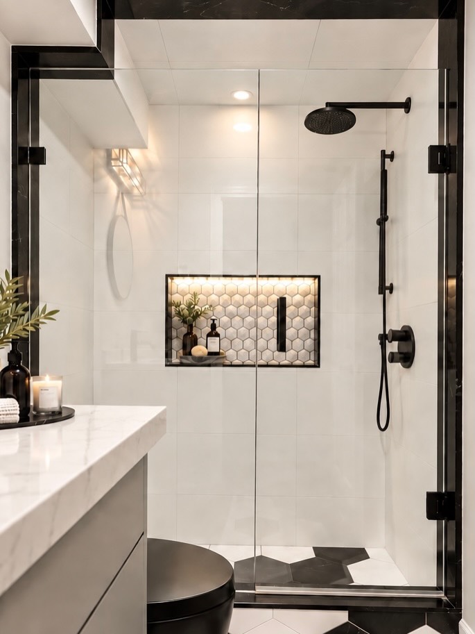 Professionally photographed custom shower with precise large-format tile and an illuminated mosaic niche